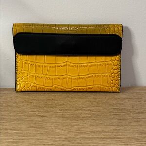 Yellow Croc Embossed Leather Like Clutch with Black Accent